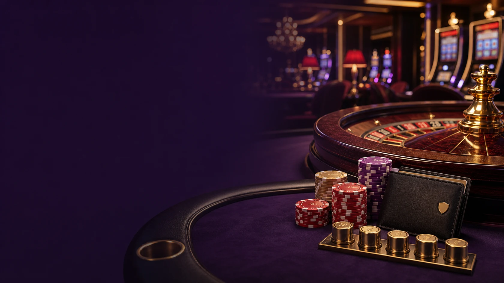 Roulette table, casino chips and wallet on a violet casino floor